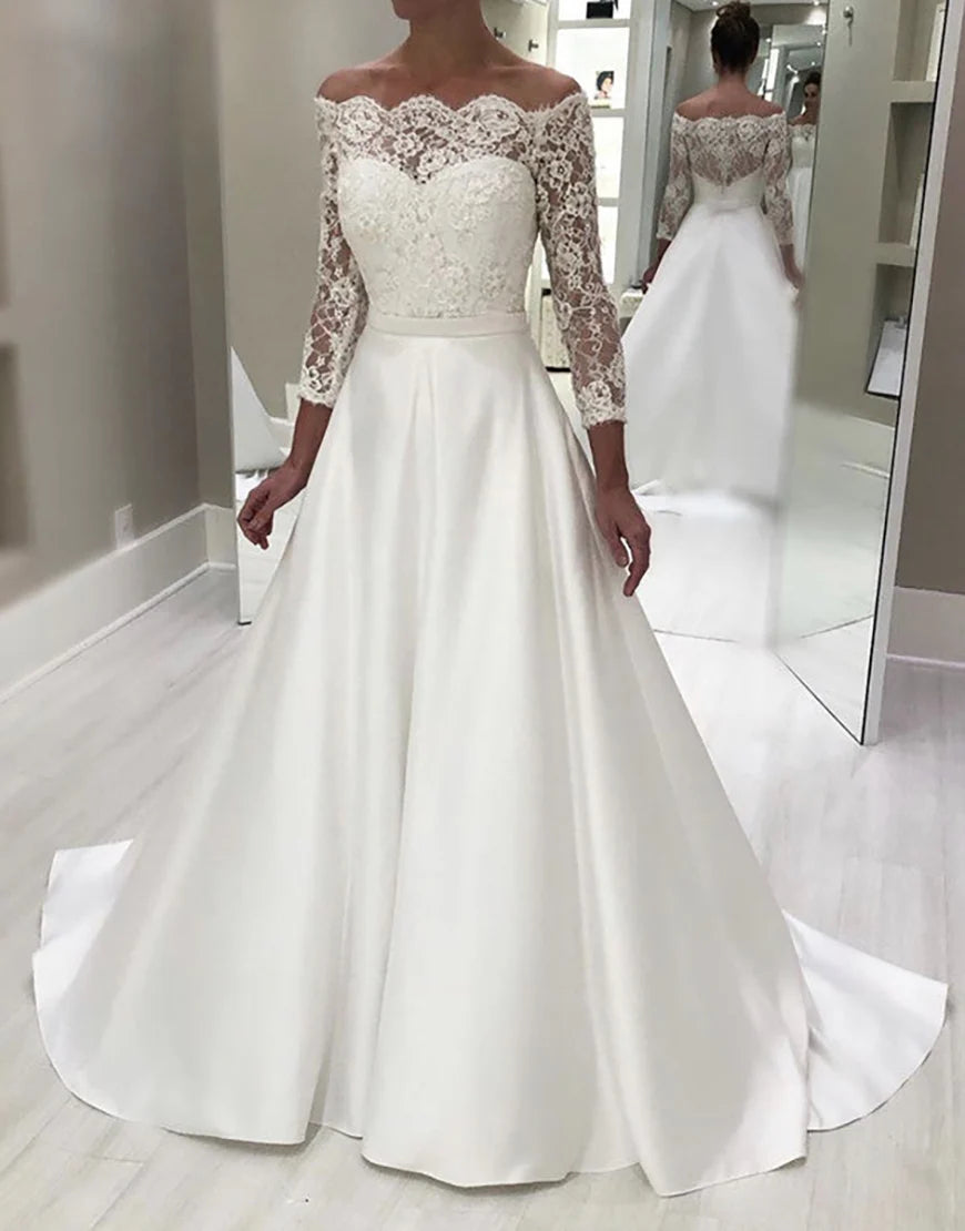 A Line Off the Shoulder White Bridal Dress