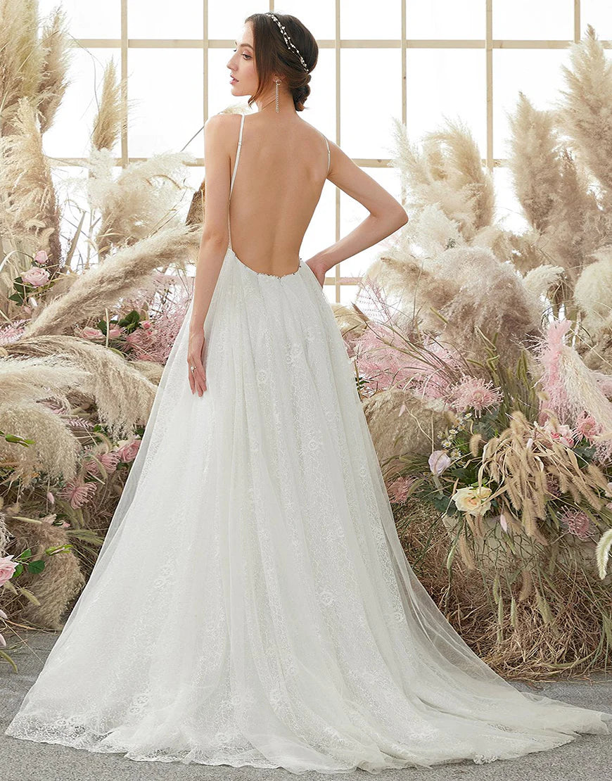 V Neck Blackless Wedding Dress