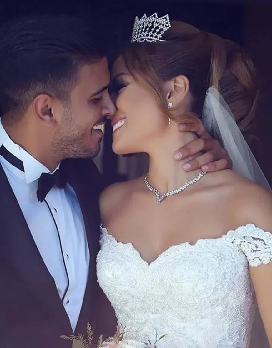 A Line Off the Shoulder White Tulle Bridal Dress