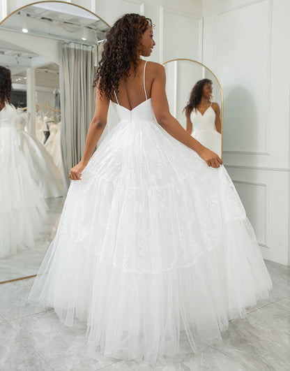 A Line Spaghetti Straps V-Neck Long Bridal Dress