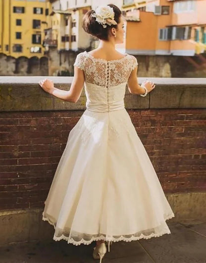 A Line Short Sleeves Ivory Flower Lace Bridal Dress
