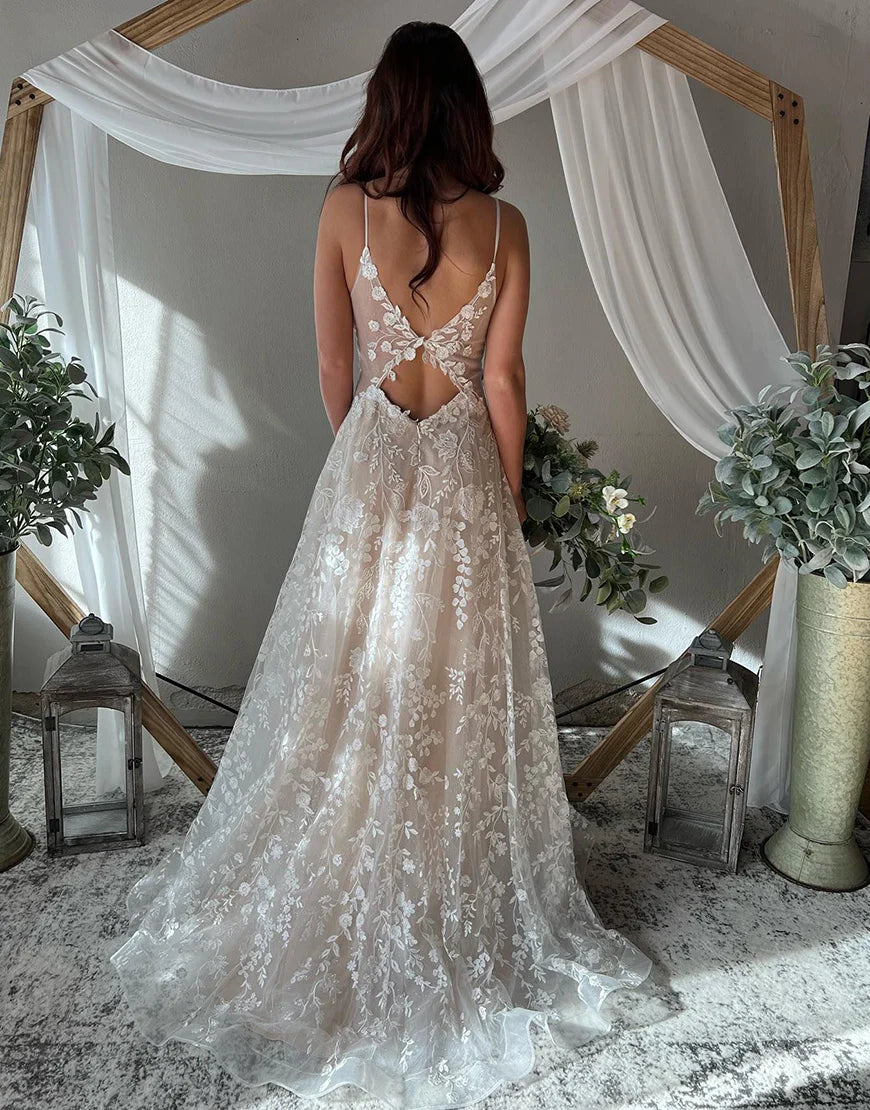 A-Line Ivory Spaghetti Straps Boho Wedding Dress with Appliques
