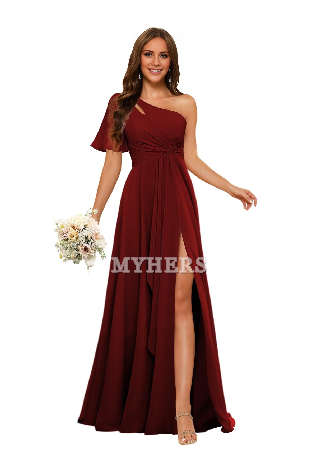 Single Sleeve Short Sleeves Chiffon Side Fork Pleated Elegant Bridesmaid Dresses Wedding Guests Dresses