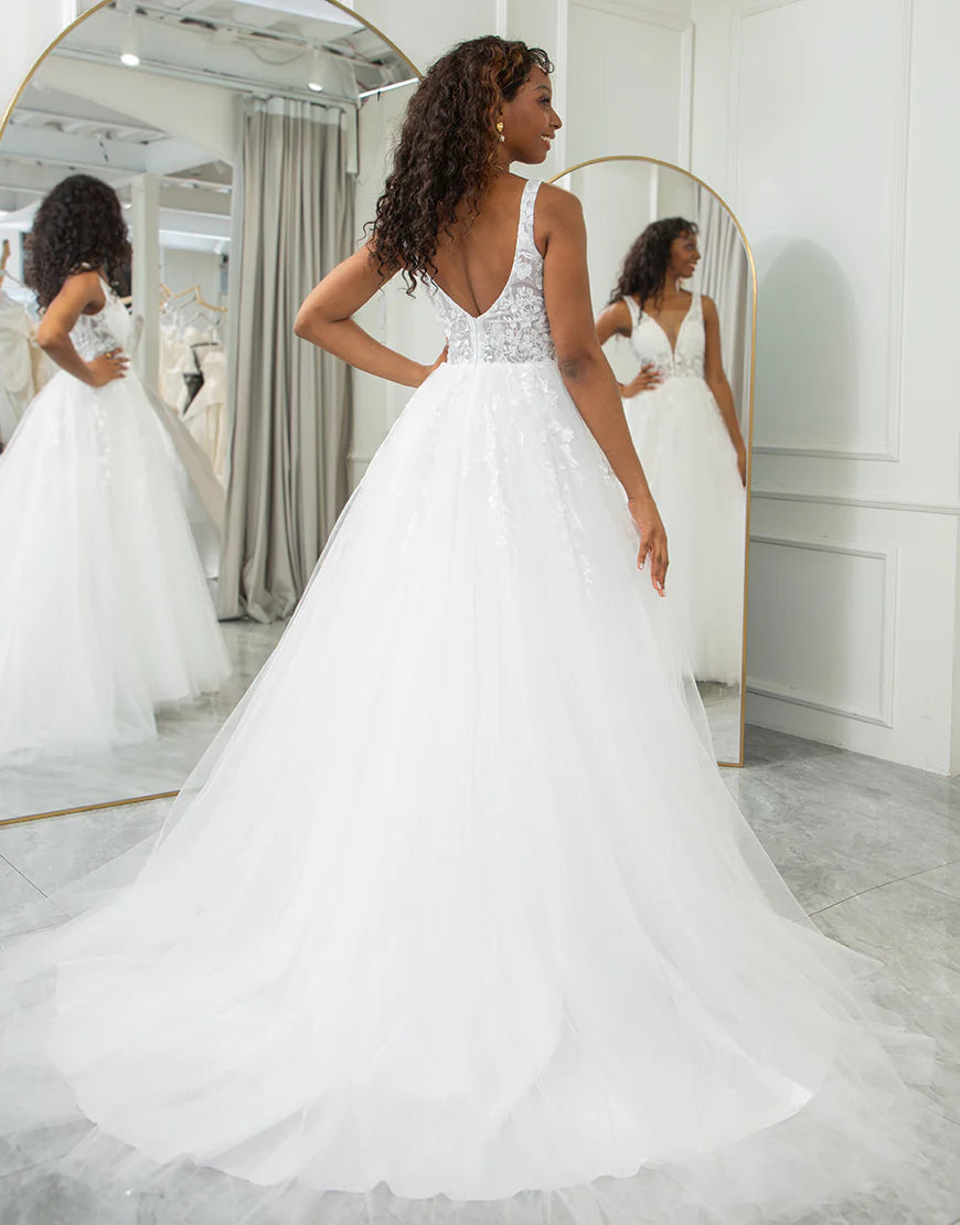 A Line Lace Backless V-Neck Wedding Dress