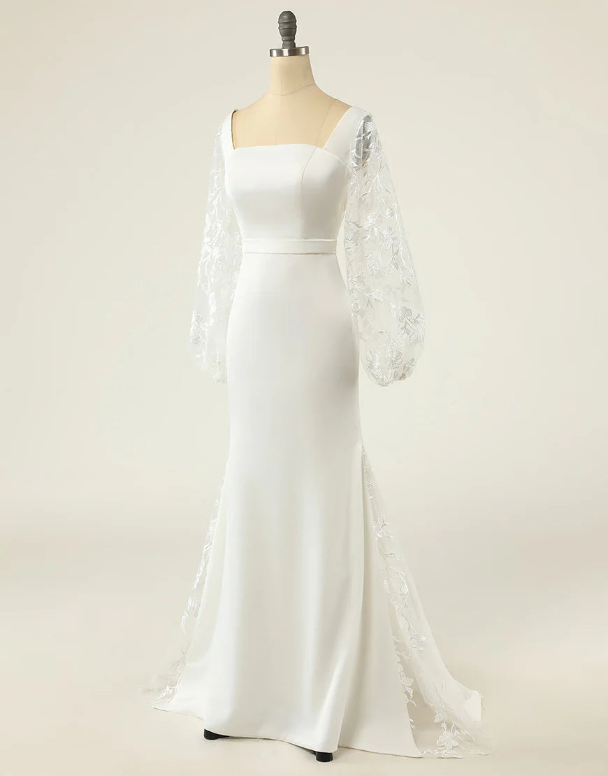 Mermaid Square Neck Long Sleeves Wedding Dress