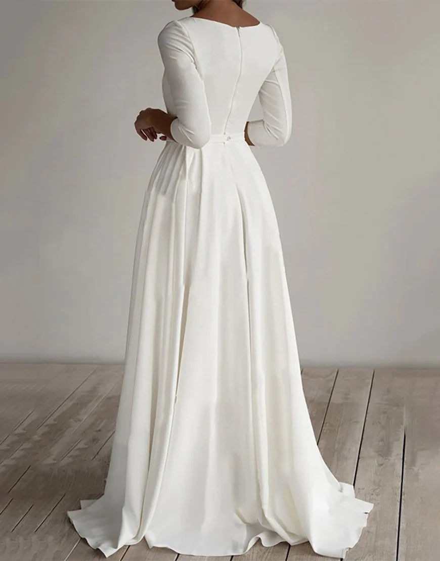 A Line 3/4 Sleeves White Long Bridal Dress