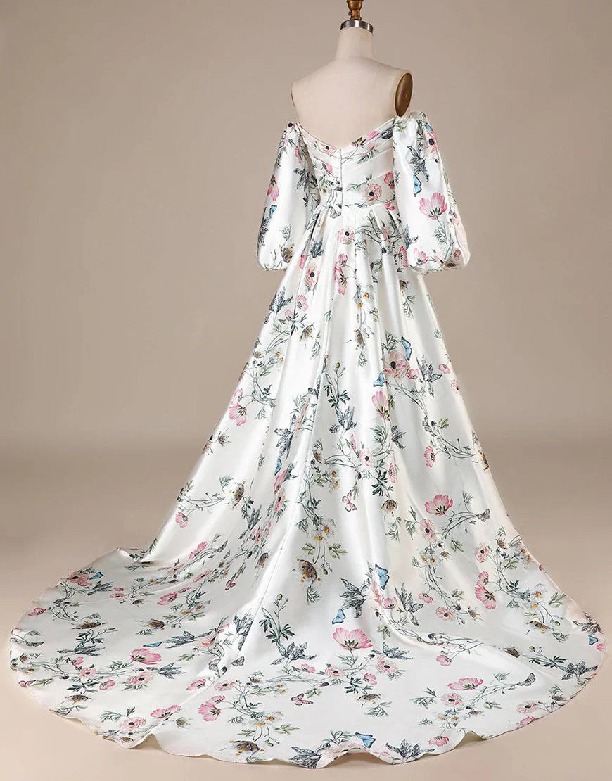 Off the Shoulder Floral Satin Chapel Train Wedding Dress