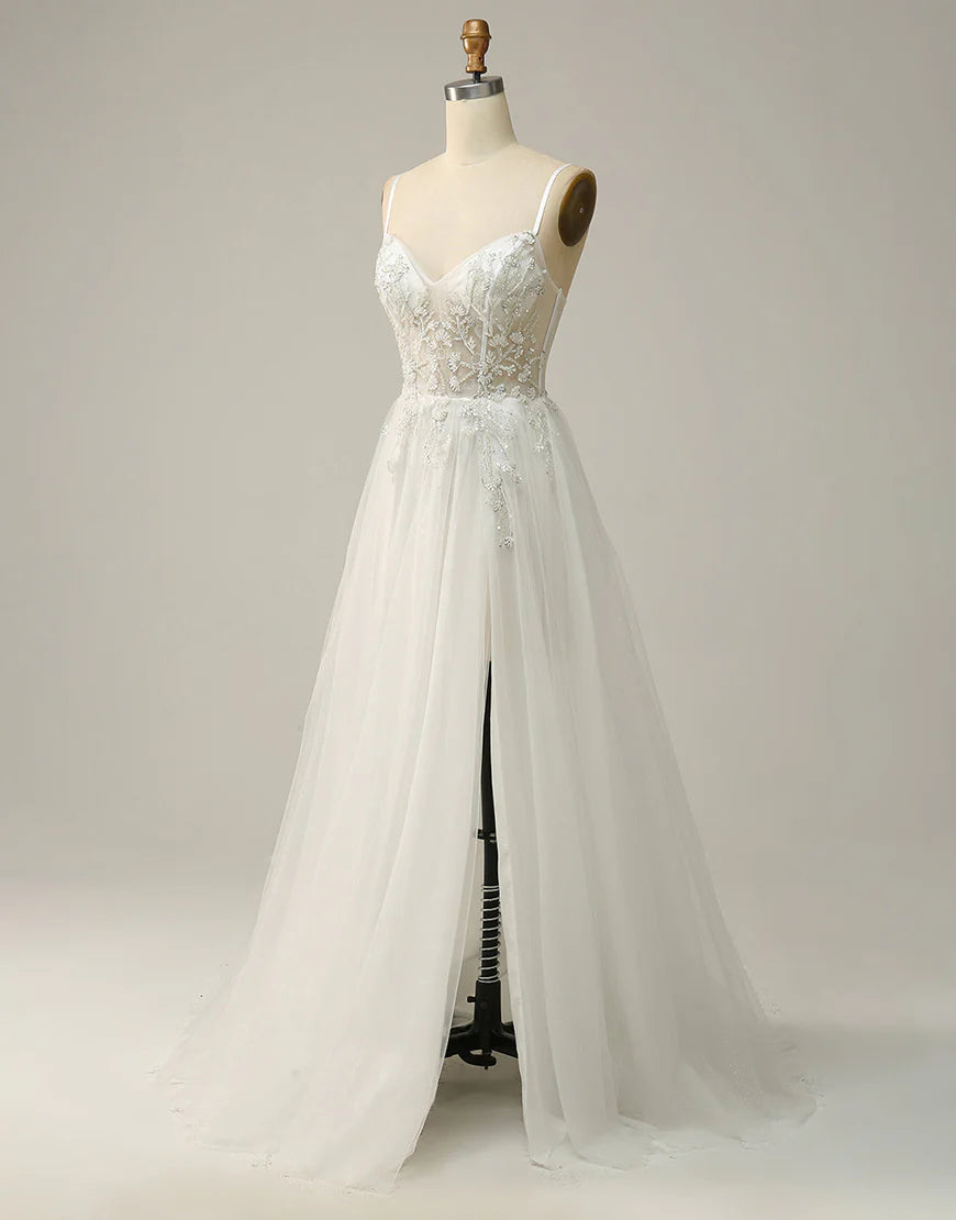 A Line Spaghetti Straps White Long Bridal Dress with Appliques