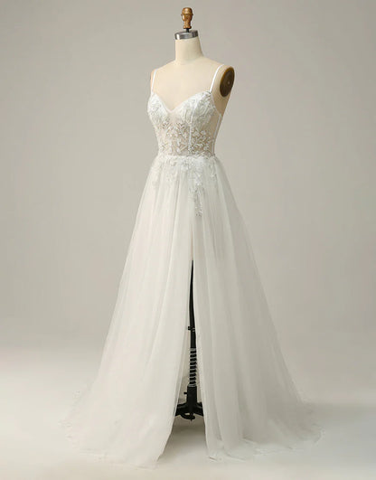 A Line Spaghetti Straps White Long Bridal Dress with Appliques