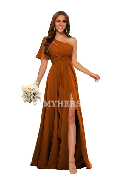 Single Sleeve Short Sleeves Chiffon Side Fork Pleated Elegant Bridesmaid Dresses Wedding Guests Dresses