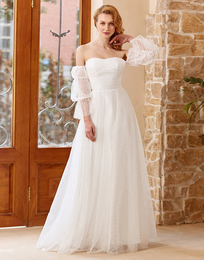 A Line Off the Shoulder White Wedding Dress with Long Sleeves