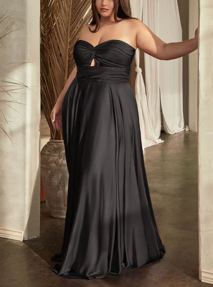 Wedding Guest Dress Satin A-Line Strapless Backless Wrinkle Elegant Black Formal Dress Evening Dress
