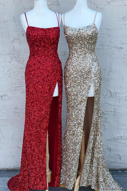 Spaghetti Straps  Sequins Mermaid Long Formal Dress