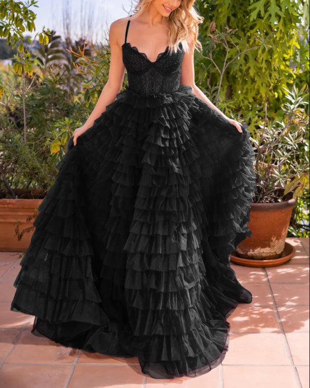 Wedding Guest Dress A-line Tulle Skirt Bodice Embellished Same Tone Crystals Lace up Open Back Floor Length Layered Ruffles Side Leg Slit Sweep Train Black Formal Dress Evening Dress
