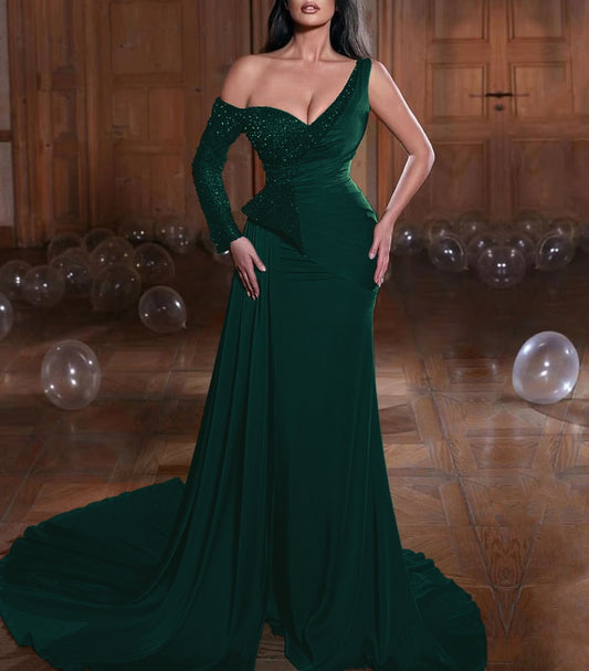 Sheath One Shoulder One Long Sleeve  Sweep/Brush Train Dresses Long Prom Dress With Sequins