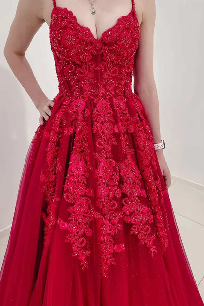 Stunning Blue Appliques V-Neck Lace-Up Back A-Line Prom Dress