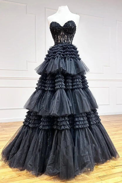 Tulle Sweetheart Tiered A-Line Long Prom Dress with Ruffles