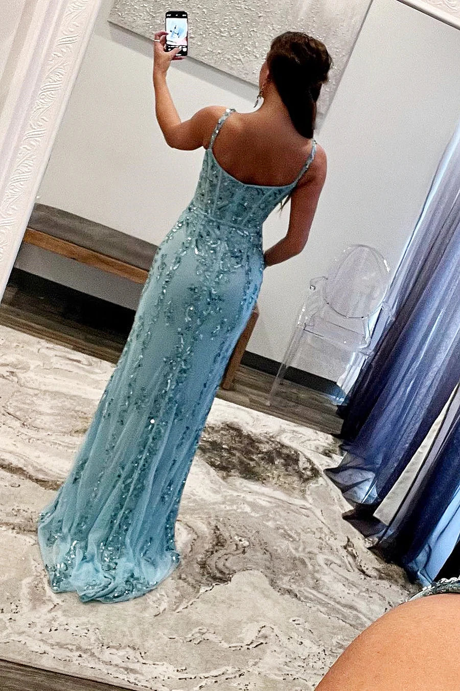 Applique Queen Anne Long Formal Dress with Slit