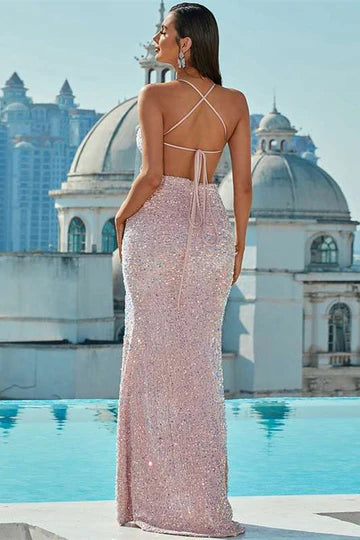Sequin Plunge V Lace-Up Long Prom Dress