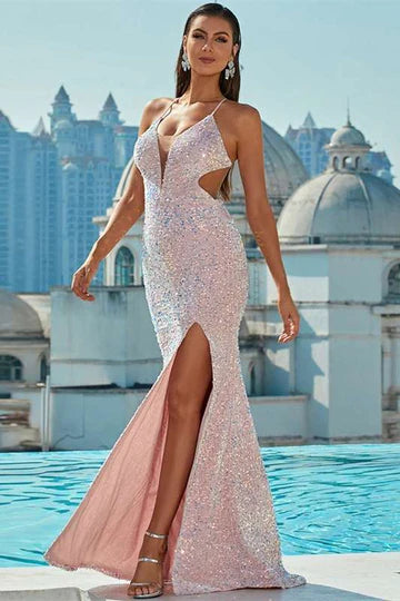 Sequin Plunge V Lace-Up Long Prom Dress