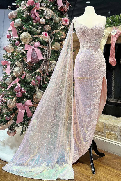 Sequin Lace Sweetheart High-Low Prom Dress with Attached Train
