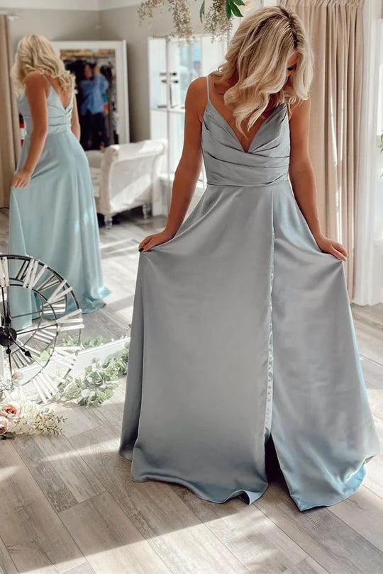 Satin Pleated V-Neck Backless Long PromDress