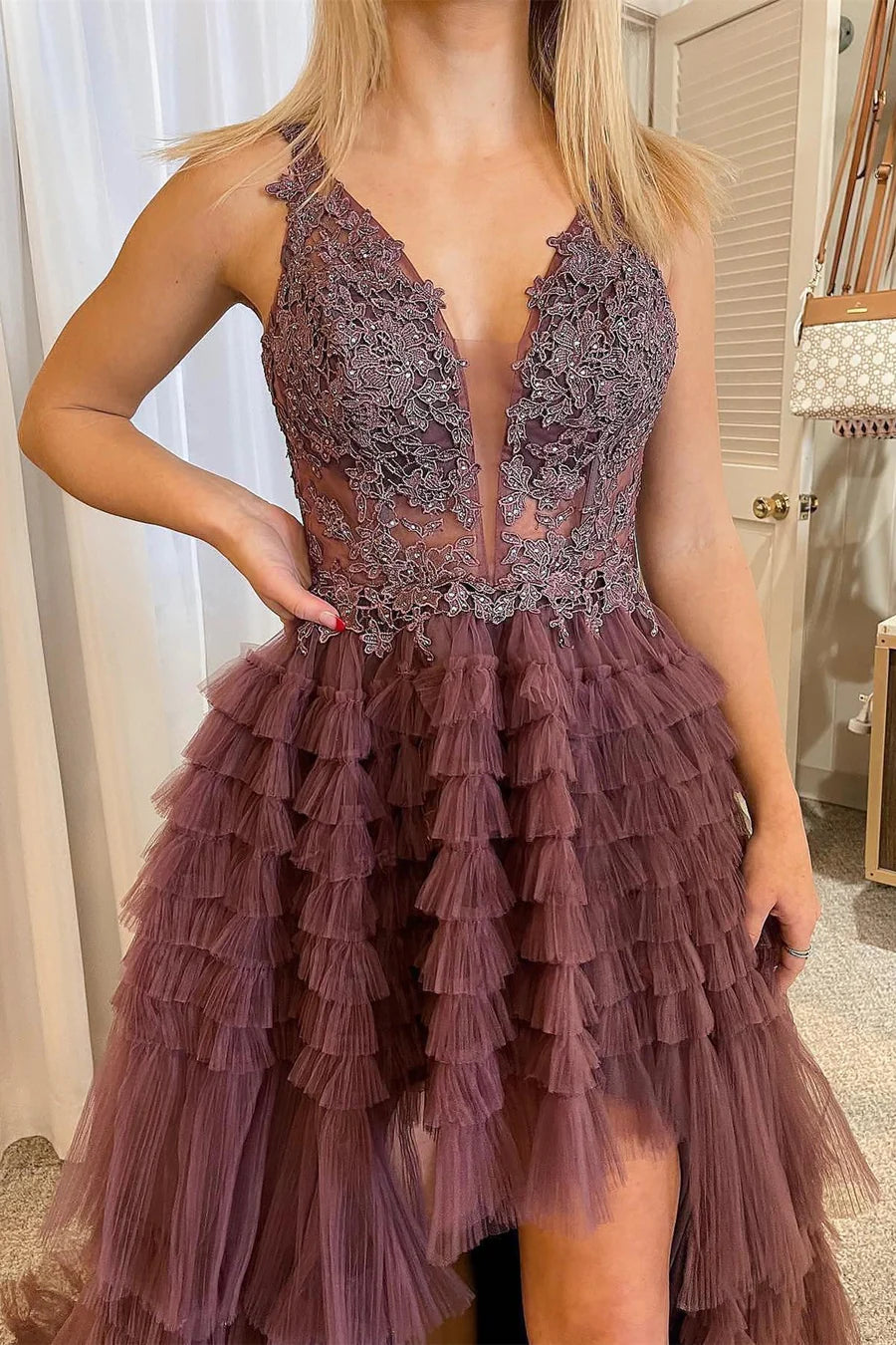 High-Low Tulle Plunge V Tiered Formal Gown with Ruffles