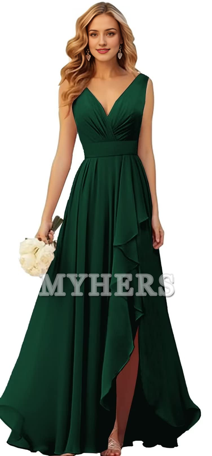 Elegant V Neck Chiffon Ruched Side Fork Long Bridesmaid Dresses Wedding Guests Dresses