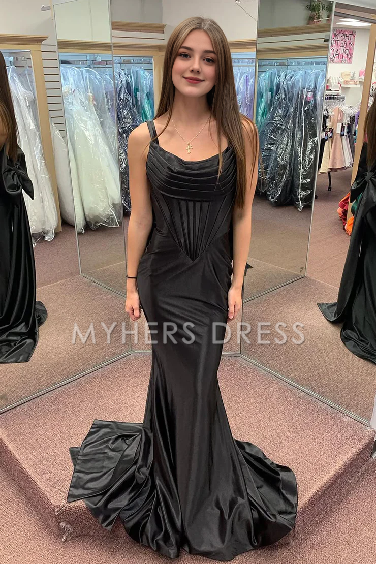 My Hers Ladies Formal Dress Sexy Mermaid Sweetheart Pleated Bodice Satin Backless Cute Big Bow Prom Dress