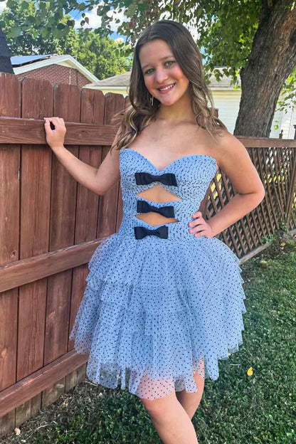 Light Blue Off-the-Shoulder Strapless  Dot Tulle Ruffle Homecoming Dress with Bow