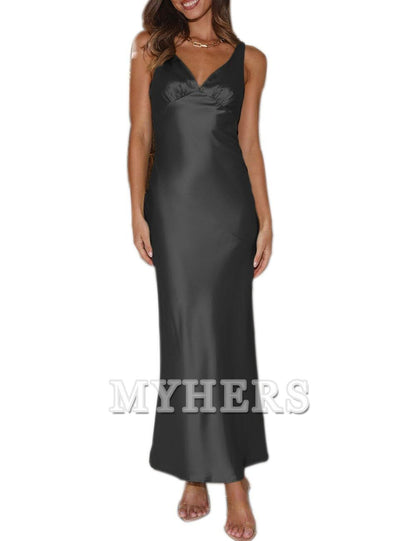 Elegant V Neck Backless Sleeveless Maxi Dress Low Back Bridesmaid Dresses Wedding Guests Dresses