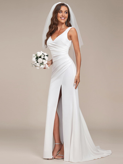 New Pattern Wedding Dress Classic V-Neck Mermaid Bodycon One's Waist Pleated Side fork Formal Women's Dresses Without a veil