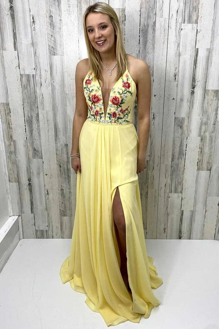 Chiffon Floral Appliques Long Prom Dress