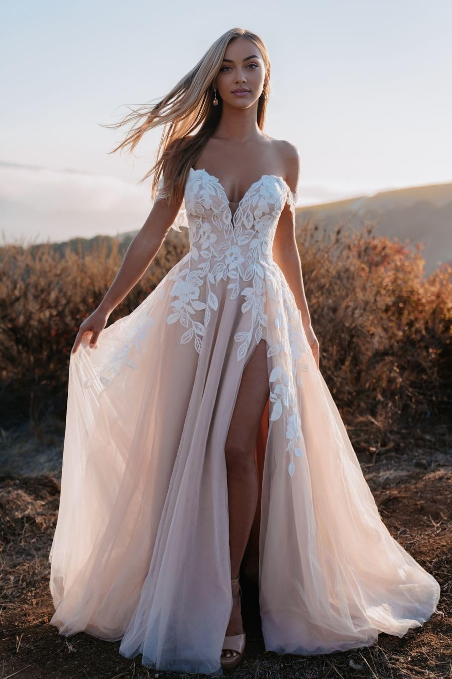 New Pattern Wedding Dress Sexy V Neck Slit Lace Applique Bridal Backless Elegant Formal Women's Dresses