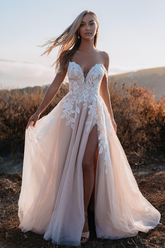New Pattern Wedding Dress Sexy V Neck Slit Lace Applique Bridal Backless Elegant Formal Women's Dresses