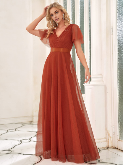 Pleated V-Neck Empire Waist Front Wrap Romantic Tulle Elegant Bridesmaid Dresses Wedding Guests Dresses