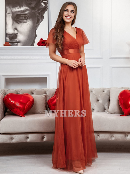 Pleated V-Neck Empire Waist Front Wrap Romantic Tulle Elegant Bridesmaid Dresses Wedding Guests Dresses
