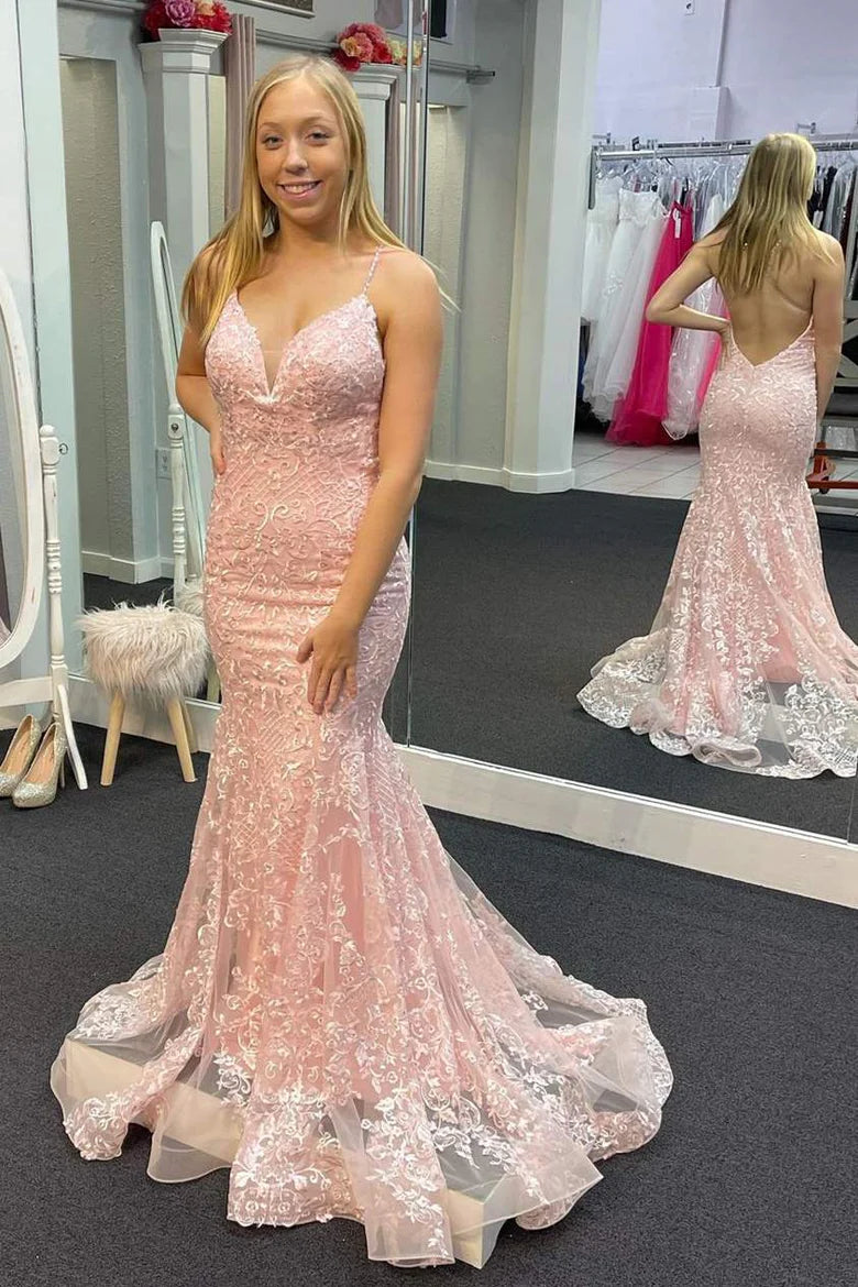 Straps Trumpet  Lace Long Formal Dress