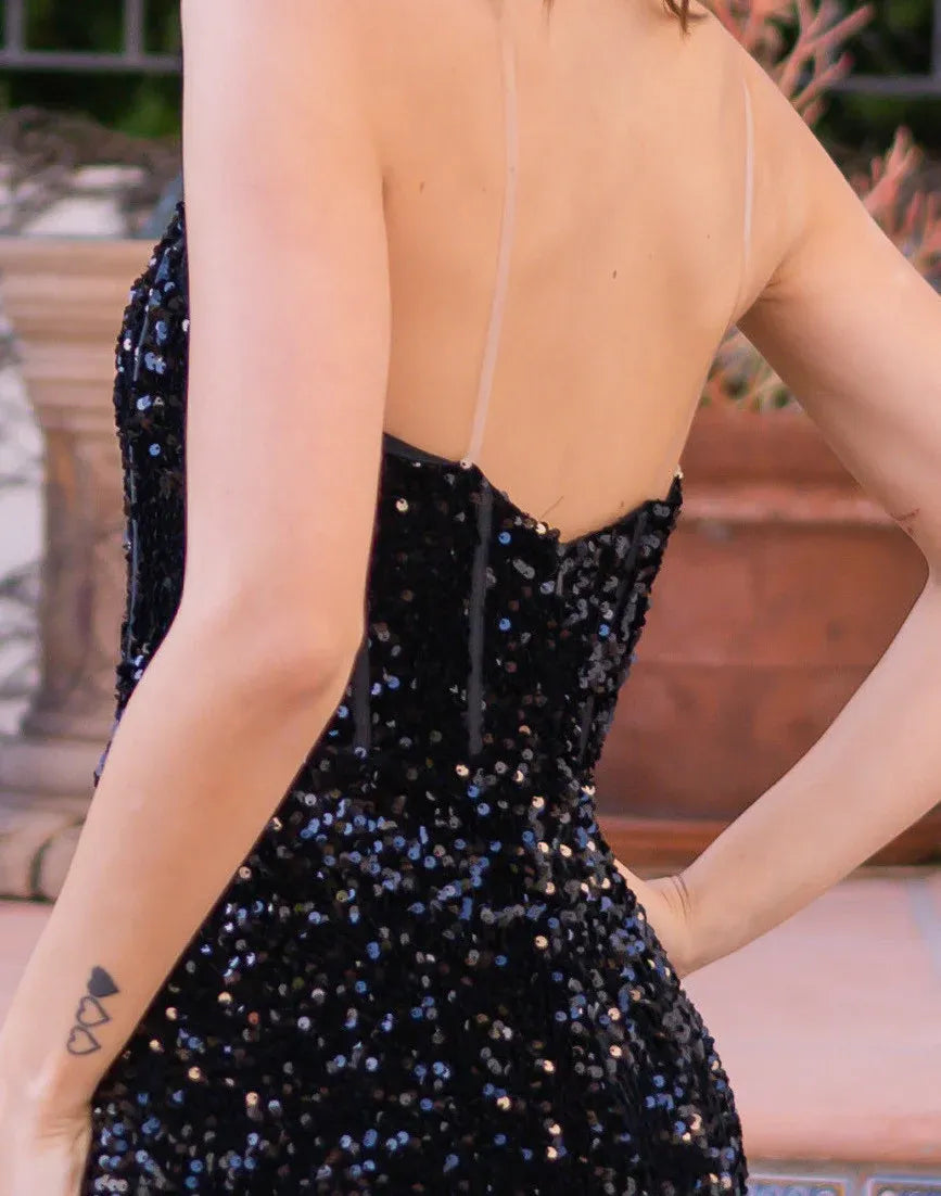 Wedding Guest Dress Strapless Velvet Sequin Mermaid Sparkly Thigh Side fork Black Formal Dress Evening Dress