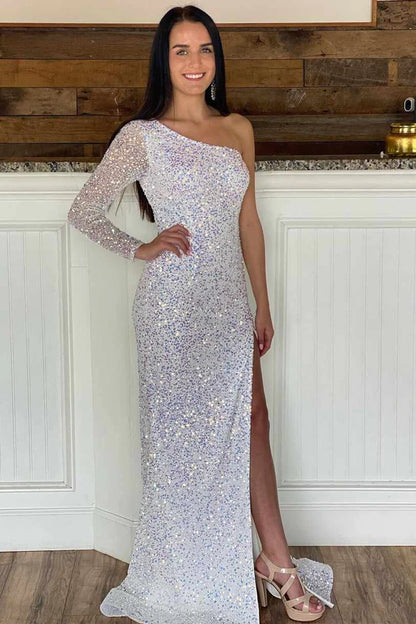 Sequin One-Shoulder Side Slit Mermaid Long Formal Dress