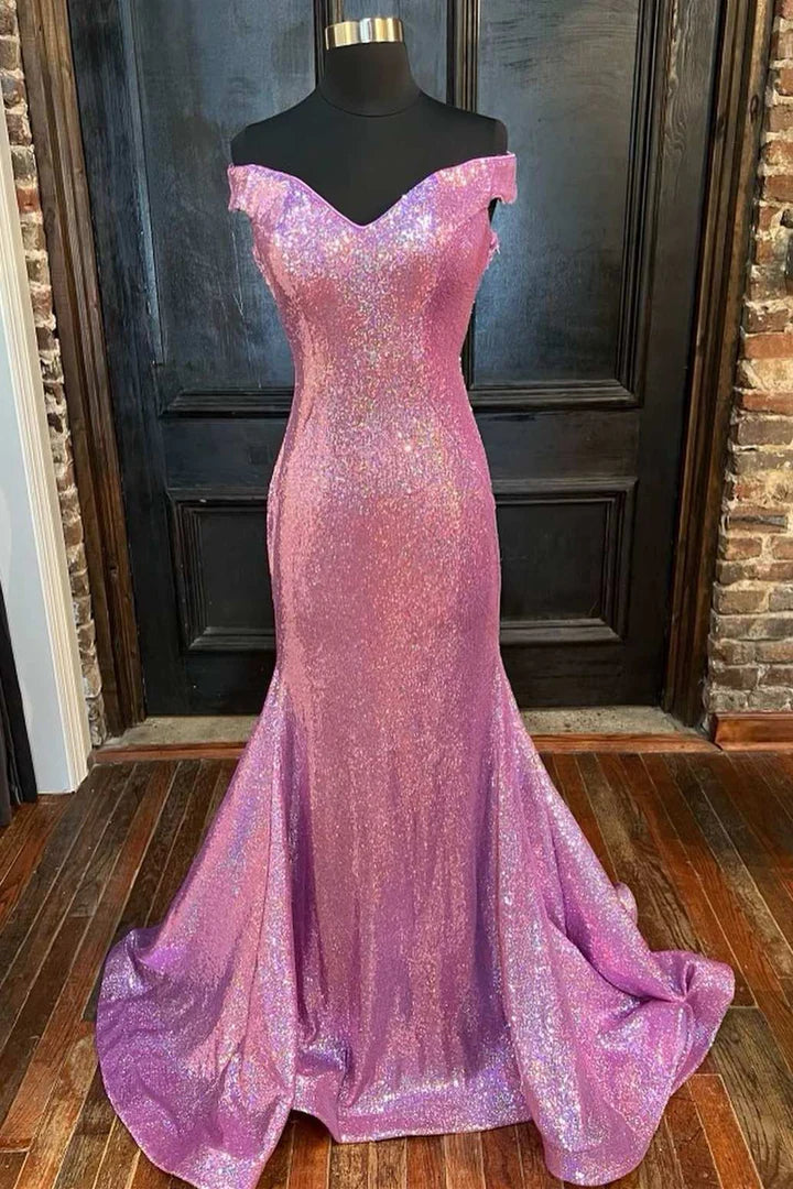 Sequin Off-the-Shoulder Backless Mermaid Long Prom Dress
