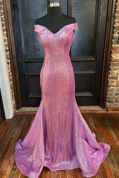Sequin Off-the-Shoulder Backless Mermaid Long Prom Dress