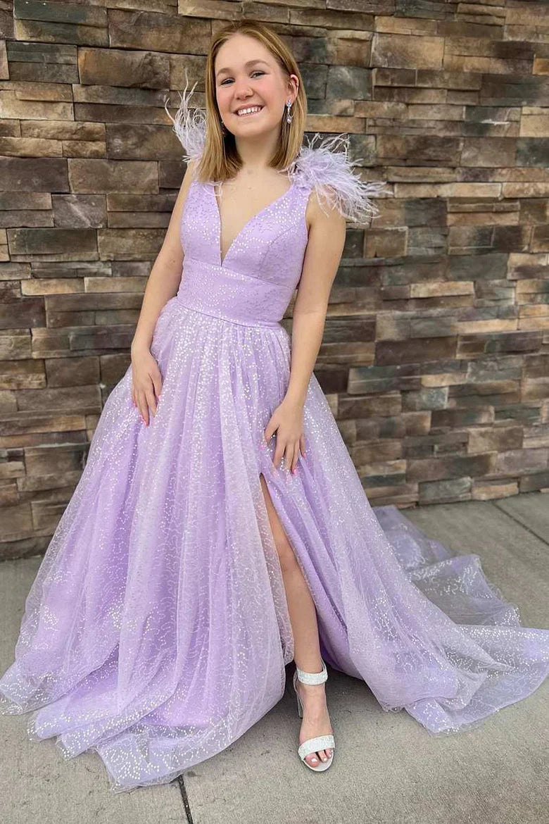 Sequin Feather V-Neck A-Line Long Prom Dress with Slit