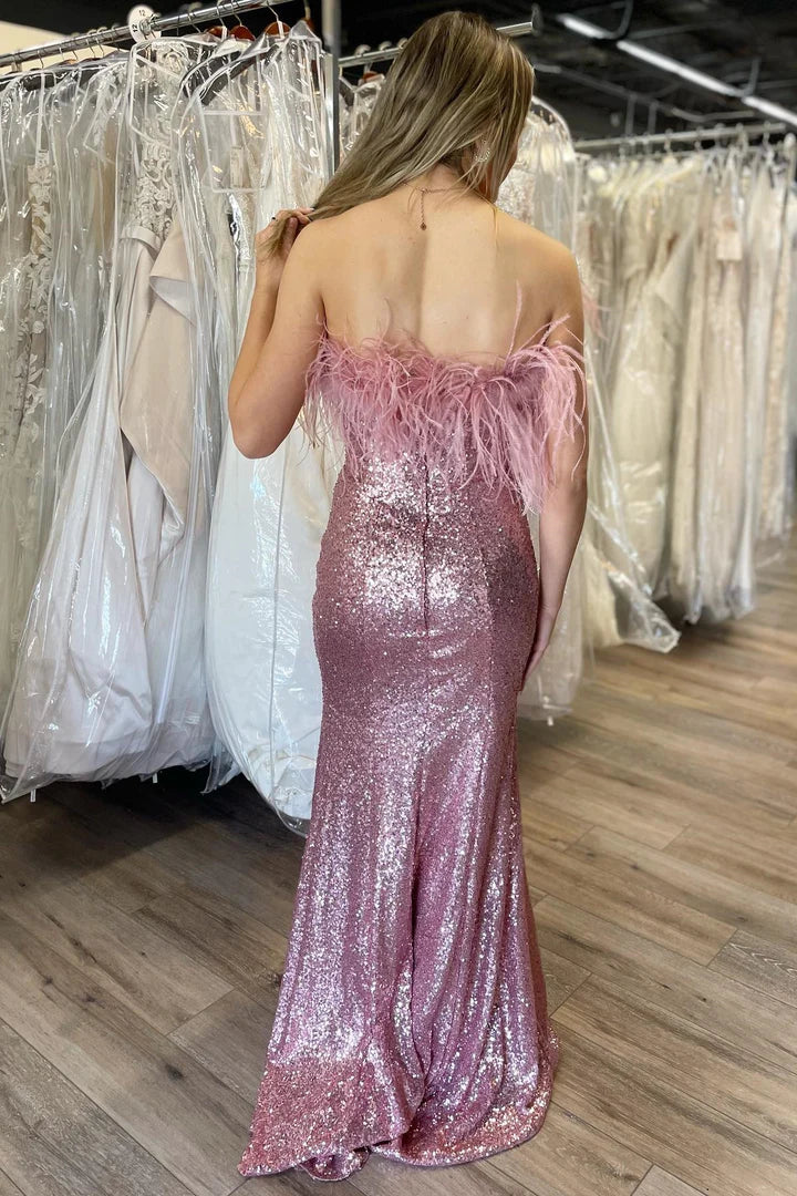 Sequin Feather Strapless Long Formal Gown with Slit