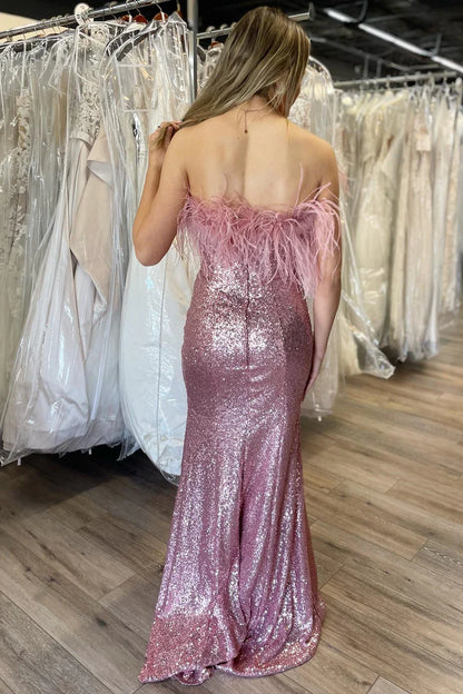 Sequin Feather Strapless Long Formal Gown with Slit