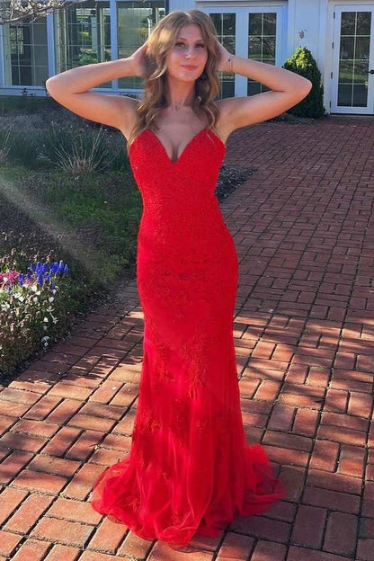 Applique V-Neck Lace-Up Mermaid Long Prom Dress with Slit
