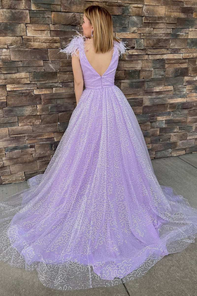 Sequin Feather V-Neck A-Line Long Prom Dress with Slit