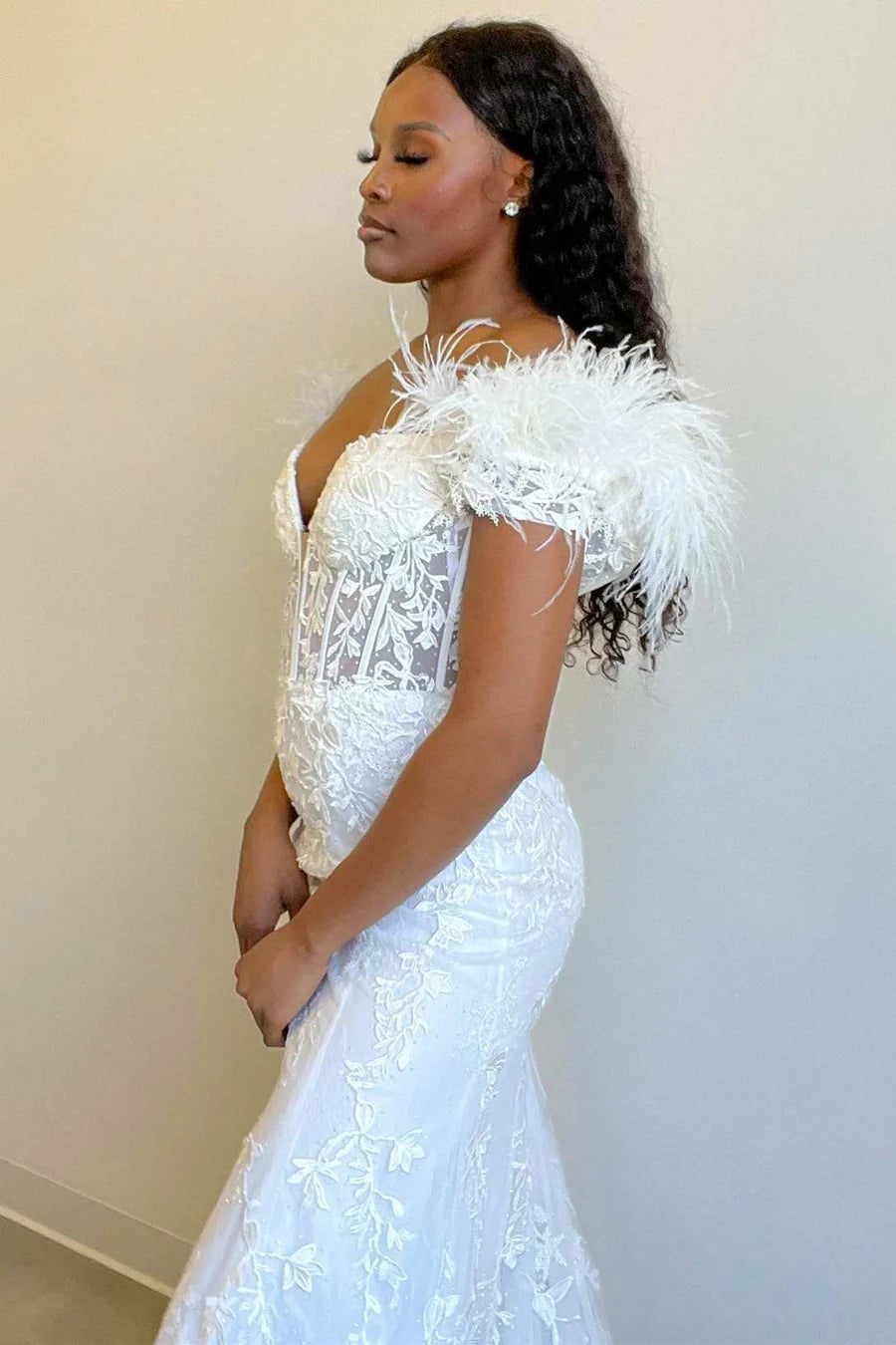 Floral Lace Feather Off-the-Shoulder Mermaid Long Prom Dress