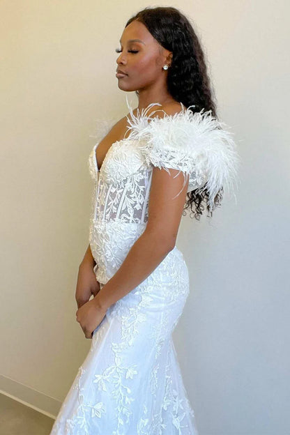 Floral Lace Feather Off-the-Shoulder Mermaid Long Prom Dress