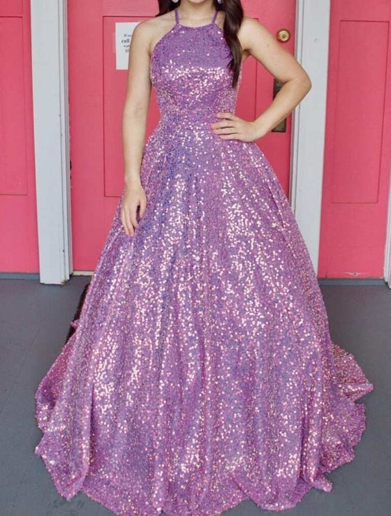 Sequin Halter Backless A-Line Long Ball Gown